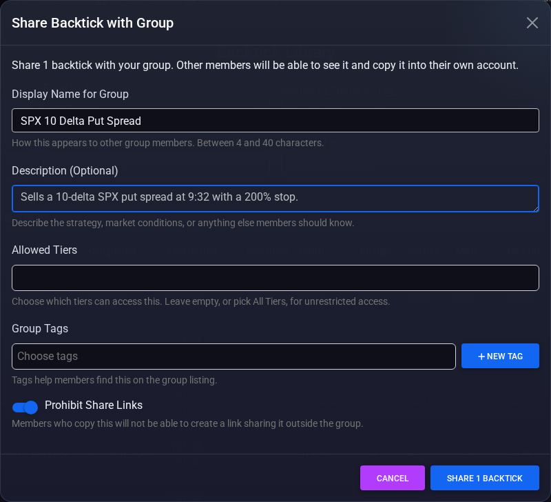 The Share Backtick with Group window with Display Name for Group, Description, Allowed Tiers, Group Tags, and the Prohibit Share Links switch