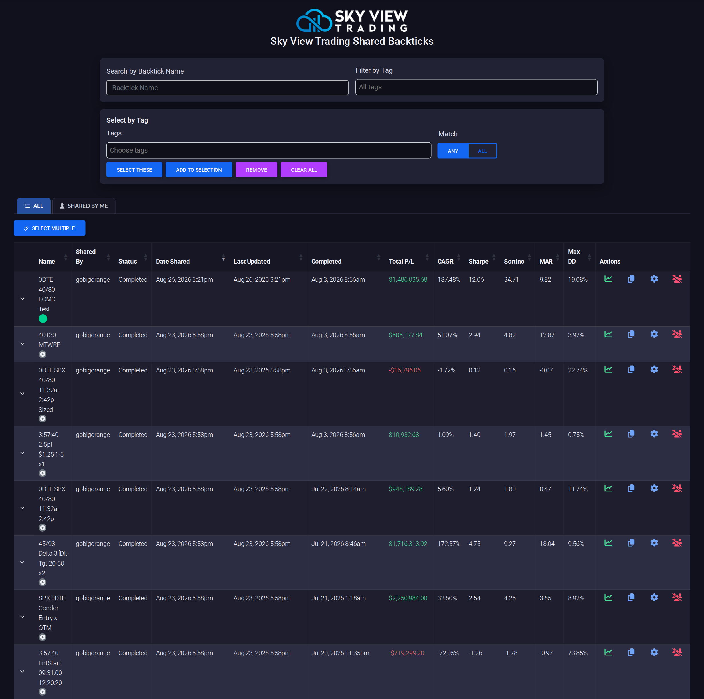 The Group Shared Backticks page with the group logo, name and tag filters, All and Shared by Me tabs, and shared runs with performance metrics and row actions