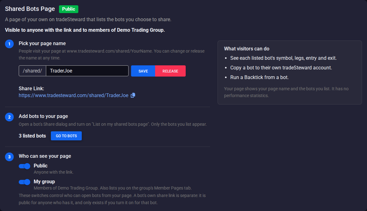 The Shared Bots Page card with the page name TraderJoe saved, its share link, 3 listed bots, and both the Public and My group switches on