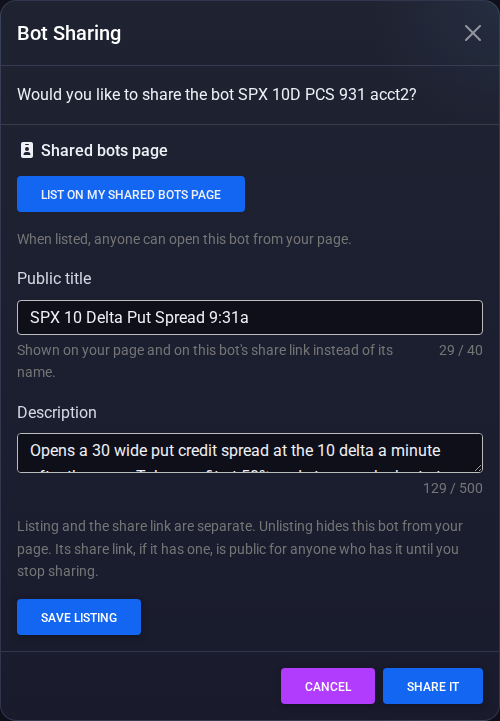 The Bot Sharing dialog for a bot without a share link, with List on my shared bots page turned on, a public title, a description, and the Save Listing button above the Share It footer