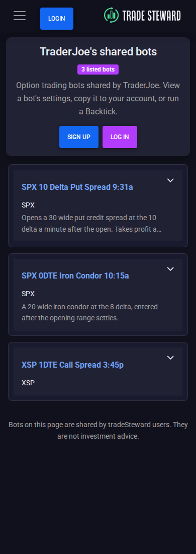 The same shared bots page on a phone, with one card per bot showing its title, symbol, and description