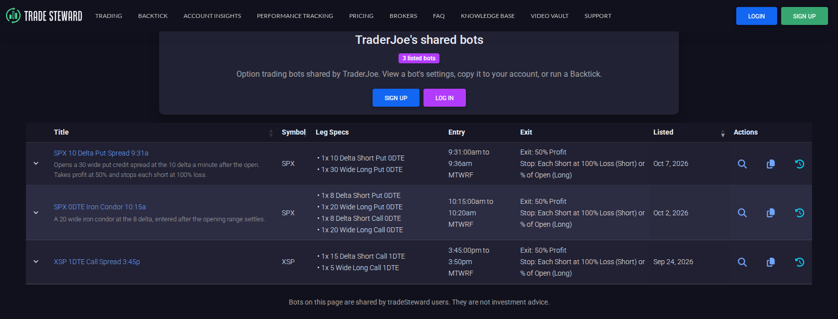 A shared bots page for TraderJoe showing three listed bots with their titles, descriptions, symbols, leg specs, entry and exit summaries, listed dates, and View, Copy, and Backtick actions