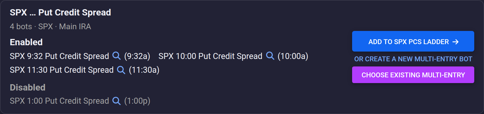 A suggested consolidation card listing four SPX put credit spread bots with an Add to SPX PCS Ladder button