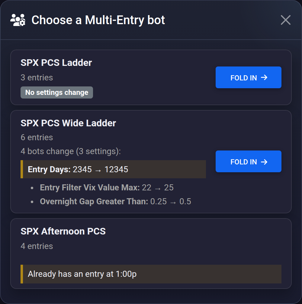 The Choose a Multi-Entry bot dialog listing three targets with change summaries and a blocked entry-time collision