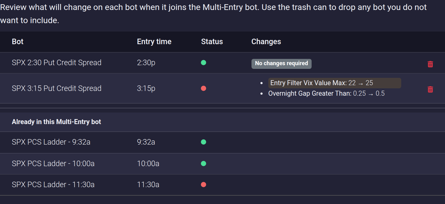 The Differences review table with status dots and the Multi-Entry bot's existing entries listed below the added bots