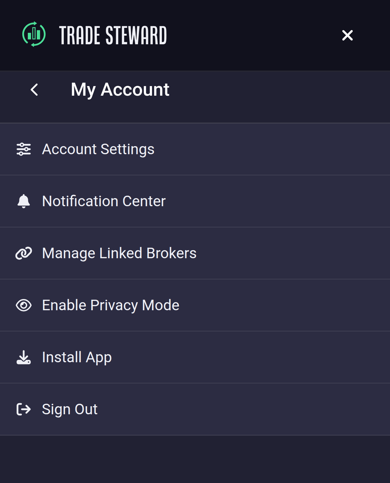 Install App in the tradeSteward mobile menu