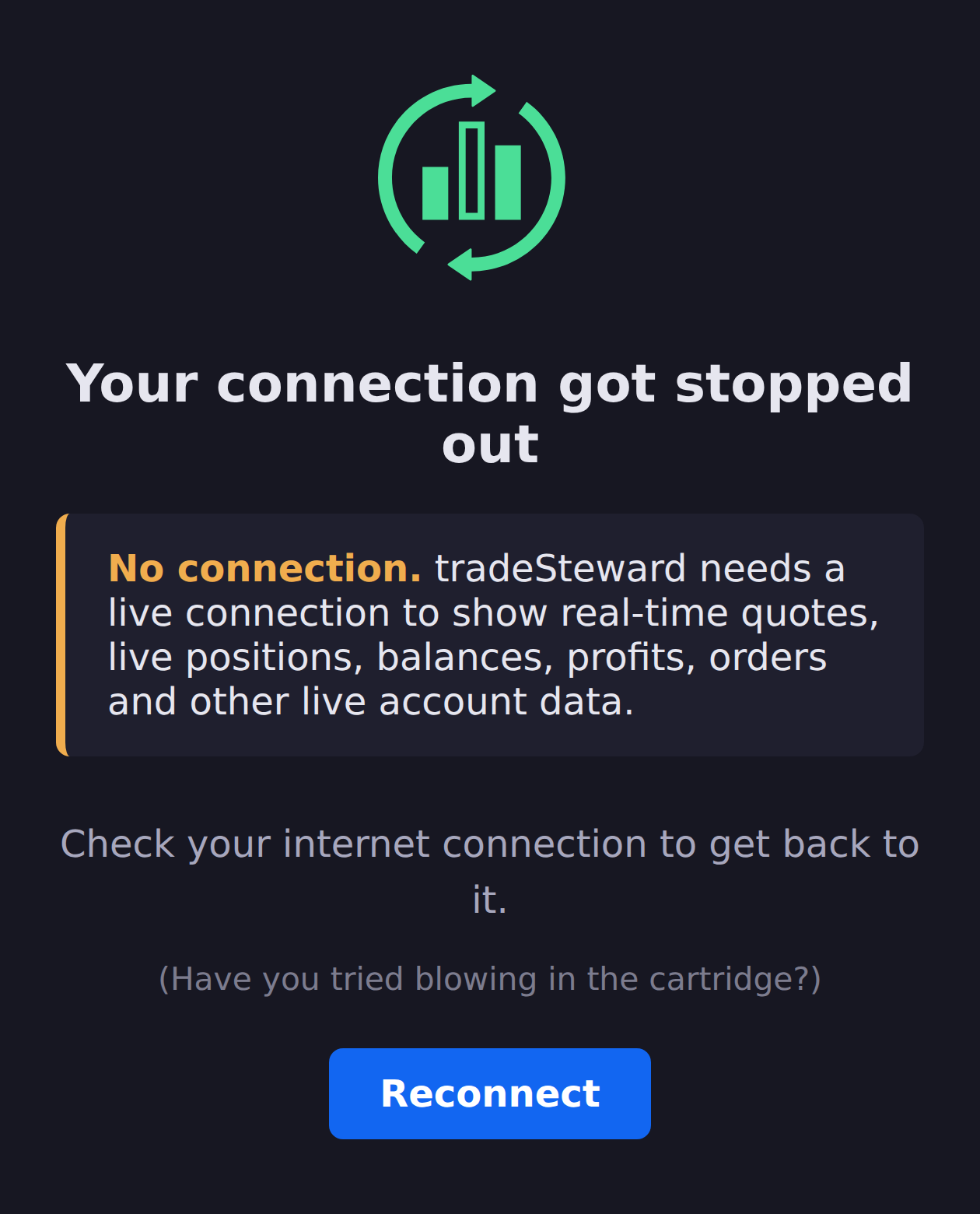 The tradeSteward offline screen