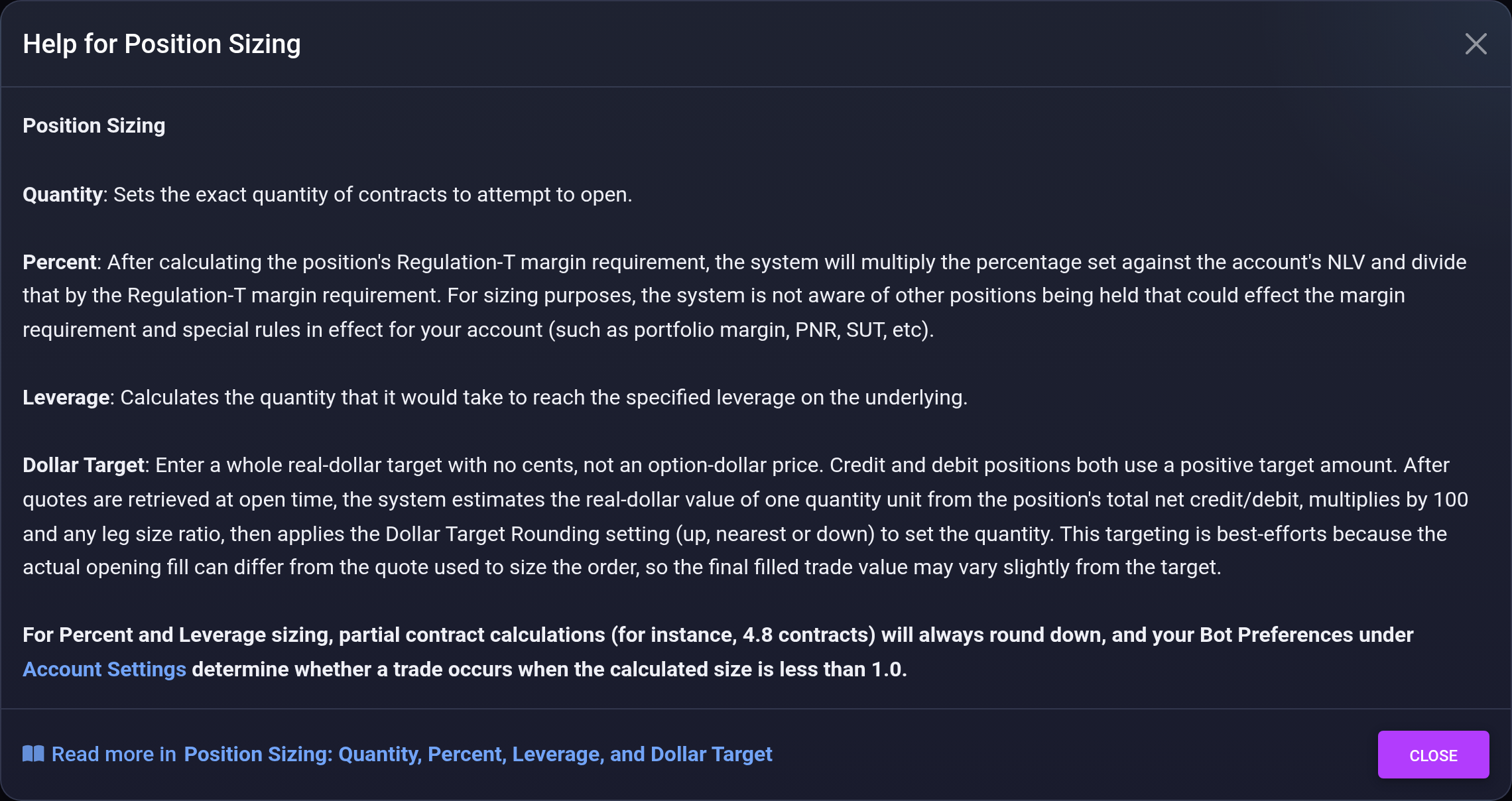 Bot form help modal for Position Sizing with a Read more in link to the matching Knowledge Base article
