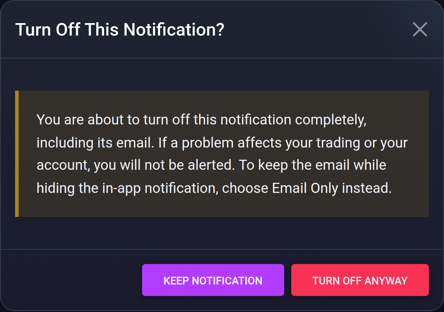 Confirmation dialog warning that turning the notification off also stops its email
