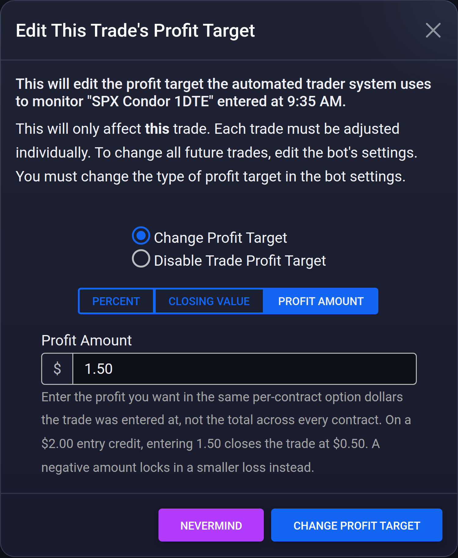 Set a Single Trade's Profit Target in Dollars