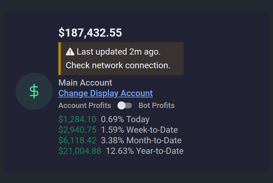 Net Liquidating Value card showing the delayed data warning