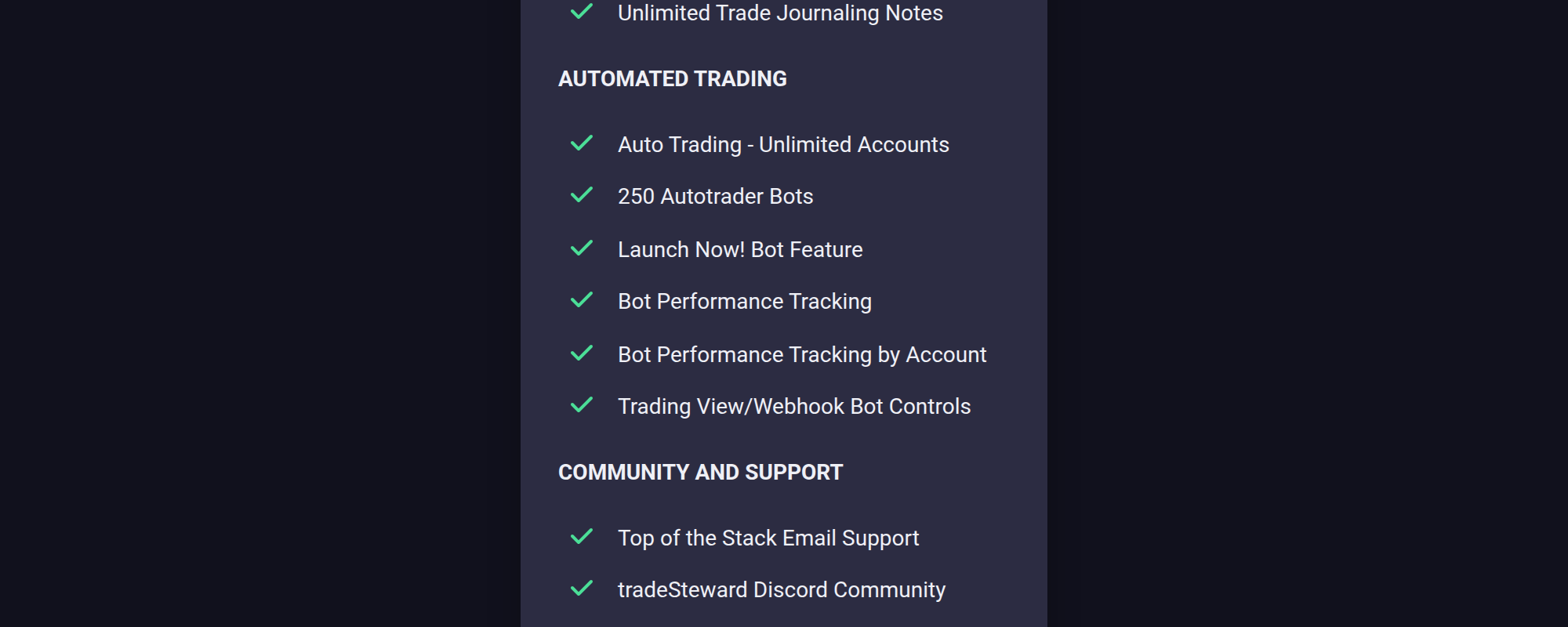 The automated trading section of the Trader Unlimited plan card, listing 250 Autotrader Bots