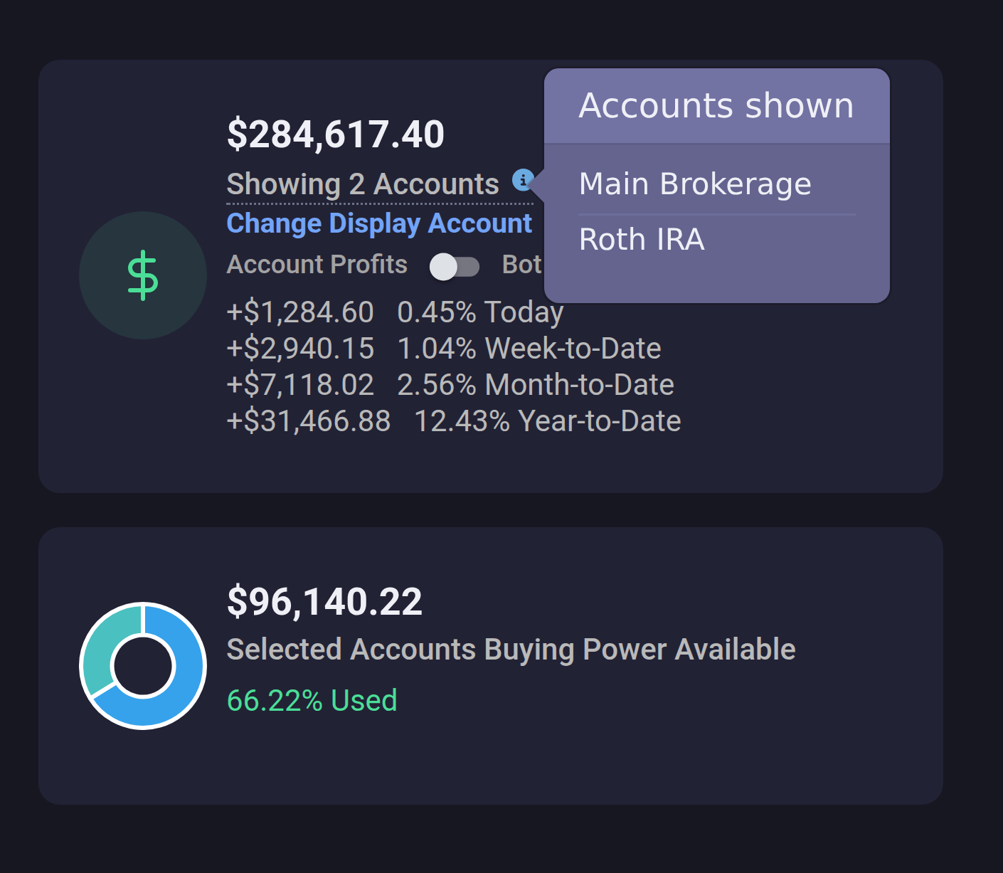 Dashboard cards reading Showing 2 Accounts with a popover listing Main Brokerage and Roth IRA