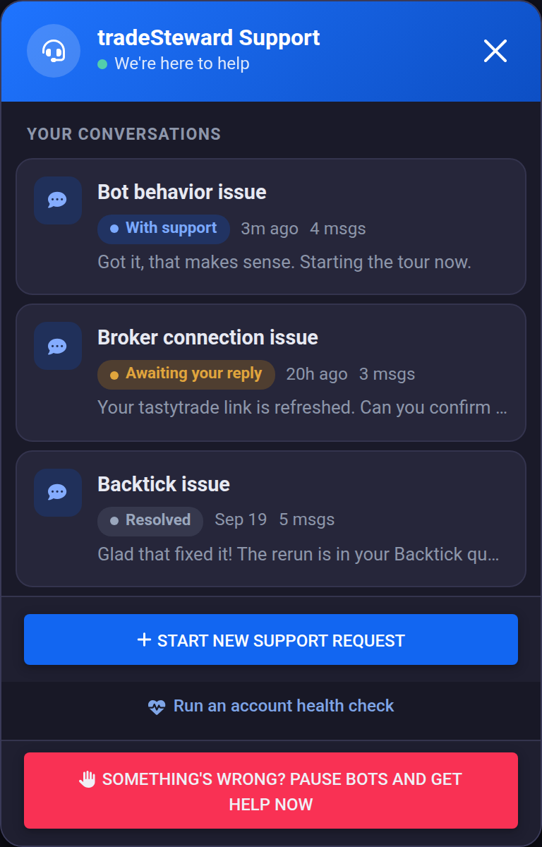 Support chat window listing three conversations, with the account health check and Pause Bots buttons