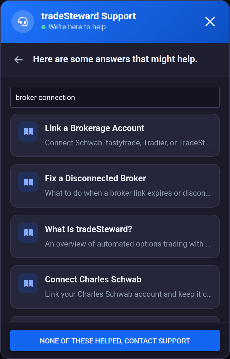 Support chat window suggesting help articles for a bot behavior question