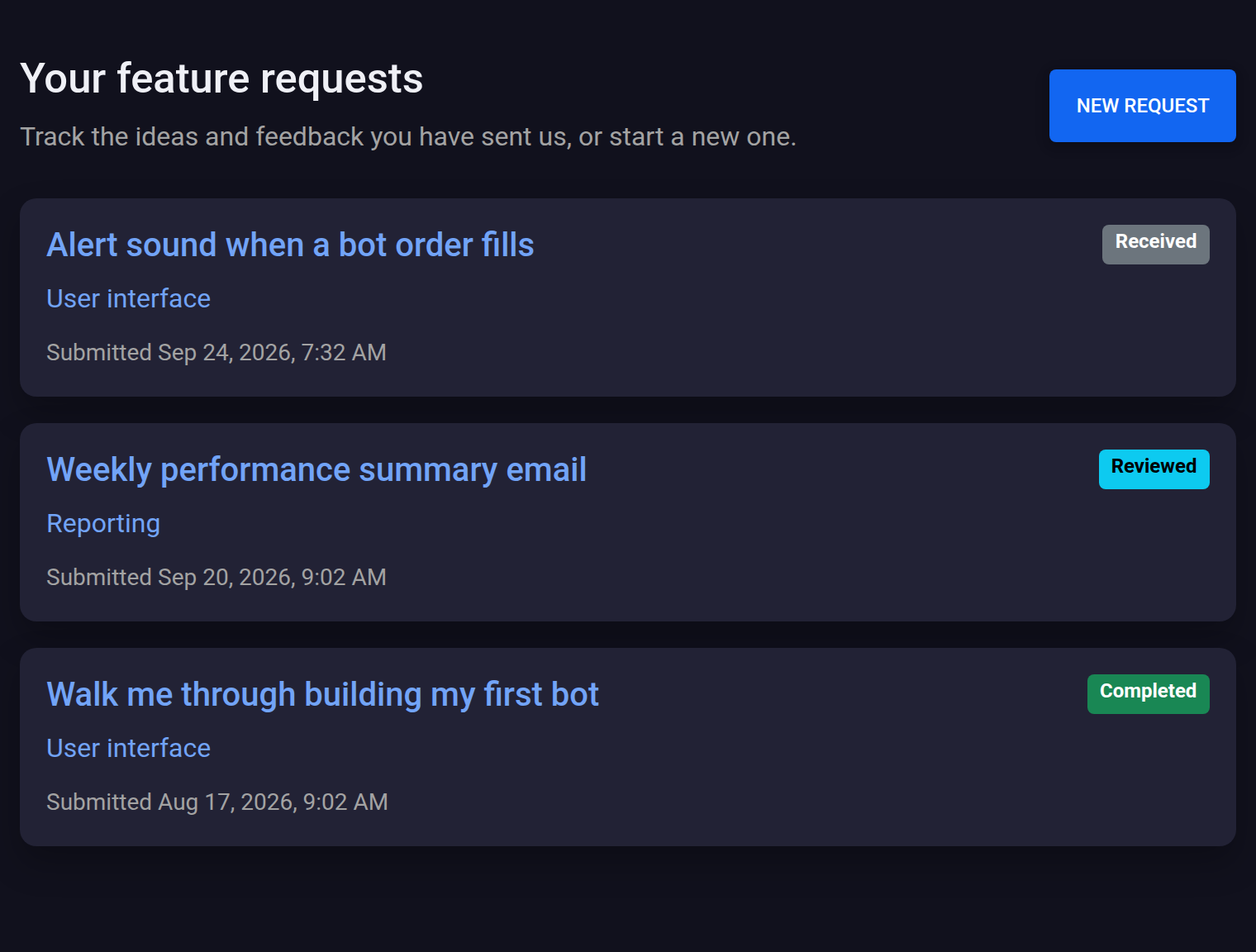 Feature Requests page listing three requests with Received, Reviewed, and Completed statuses