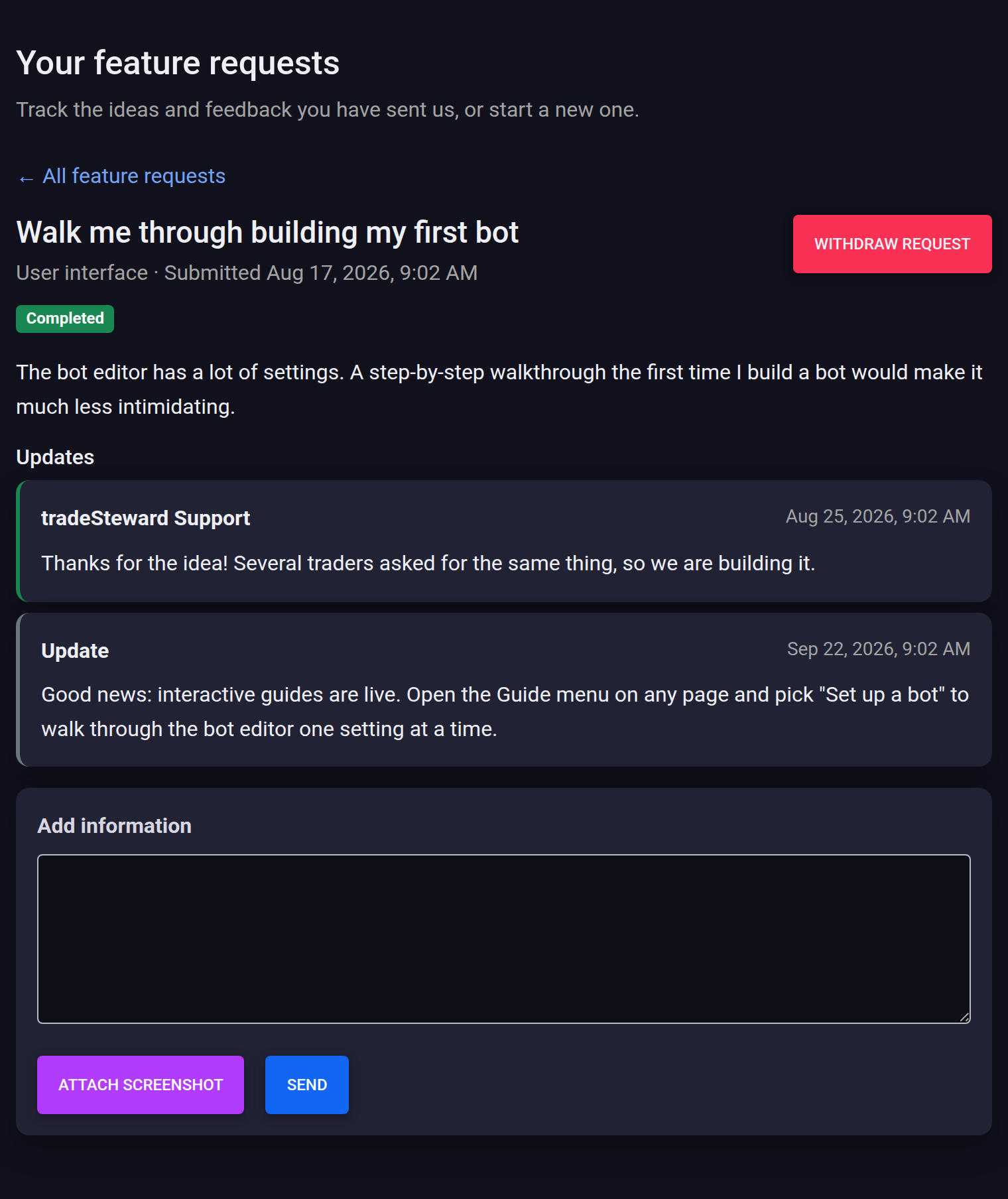 A completed feature request showing updates from the tradeSteward team