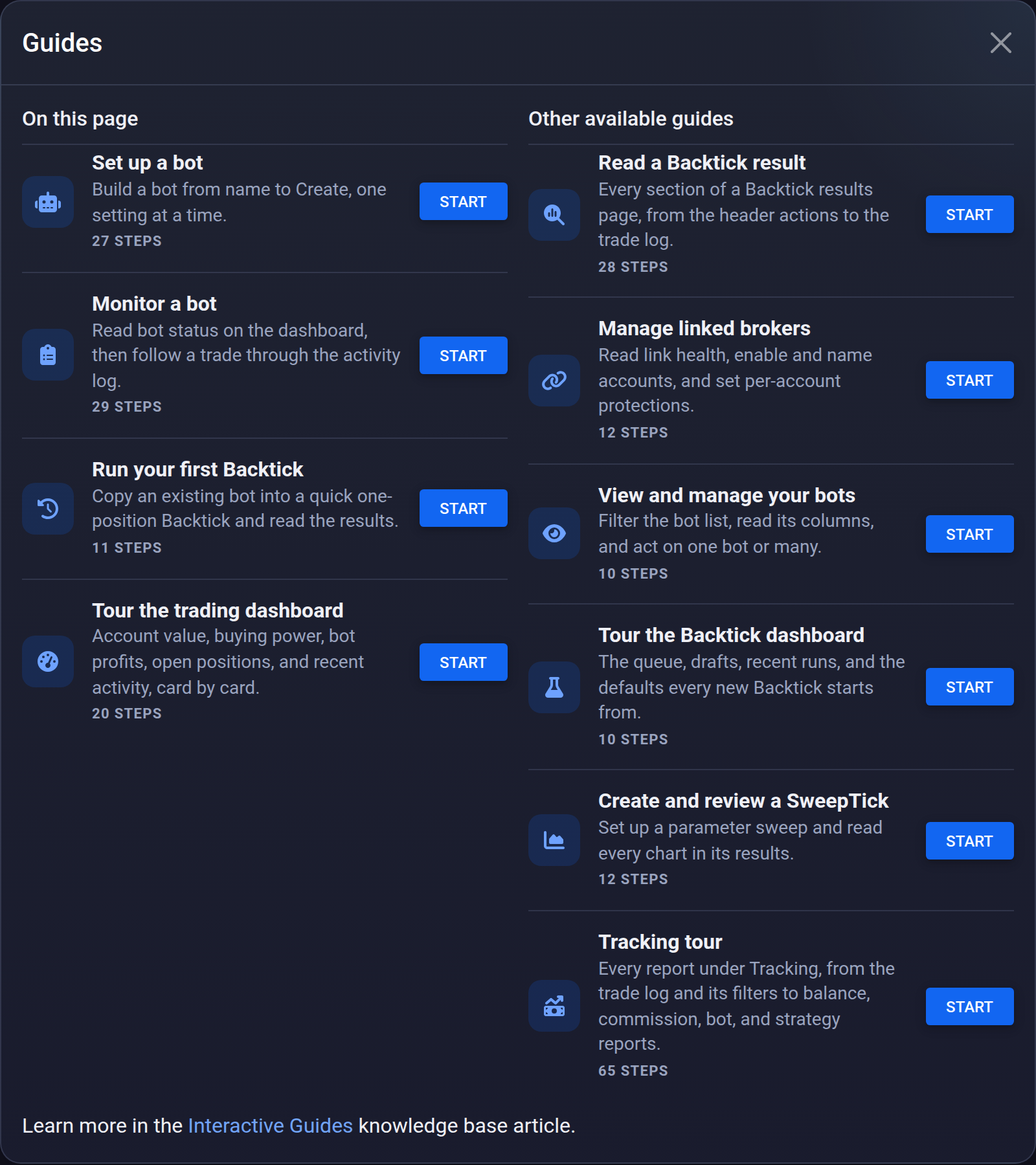 Guides window showing guides for the current page and other available guides