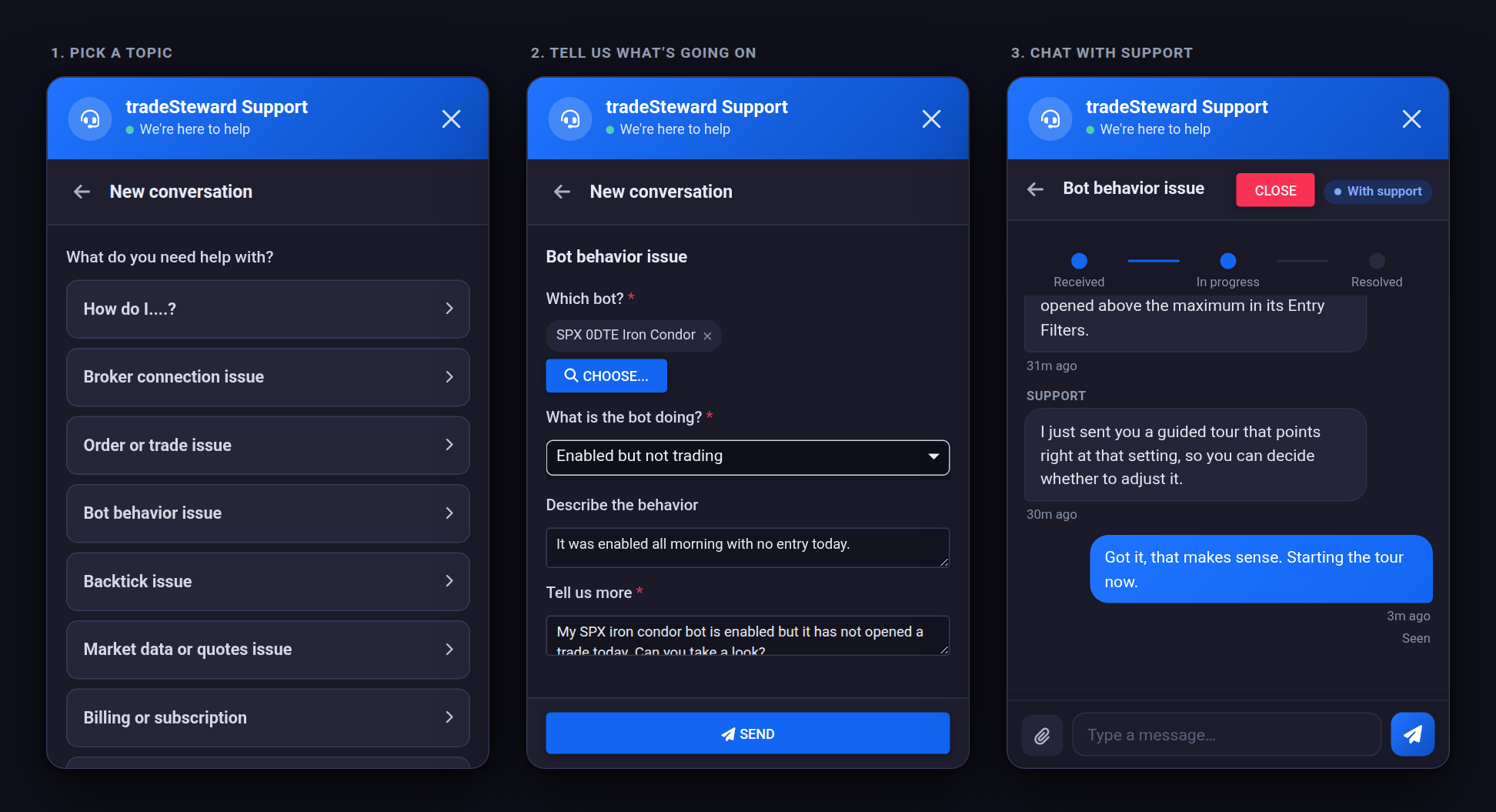 Three views of the support chat: picking a topic, describing a bot issue with the bot already selected, and chatting with support
