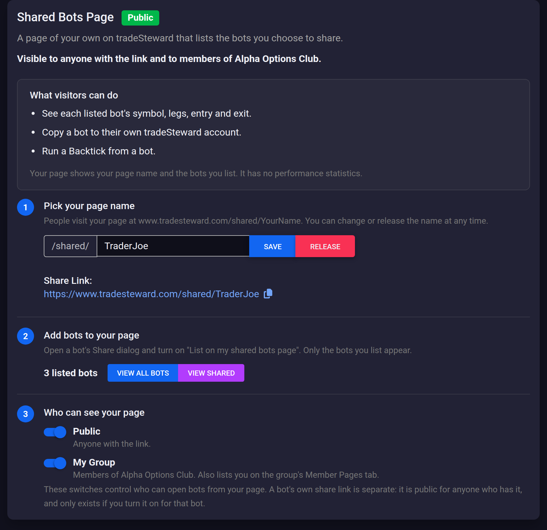 The Shared Bots Page card in Account Settings with a saved page name, a share link, three listed bots, and the Public and My Group switches turned on