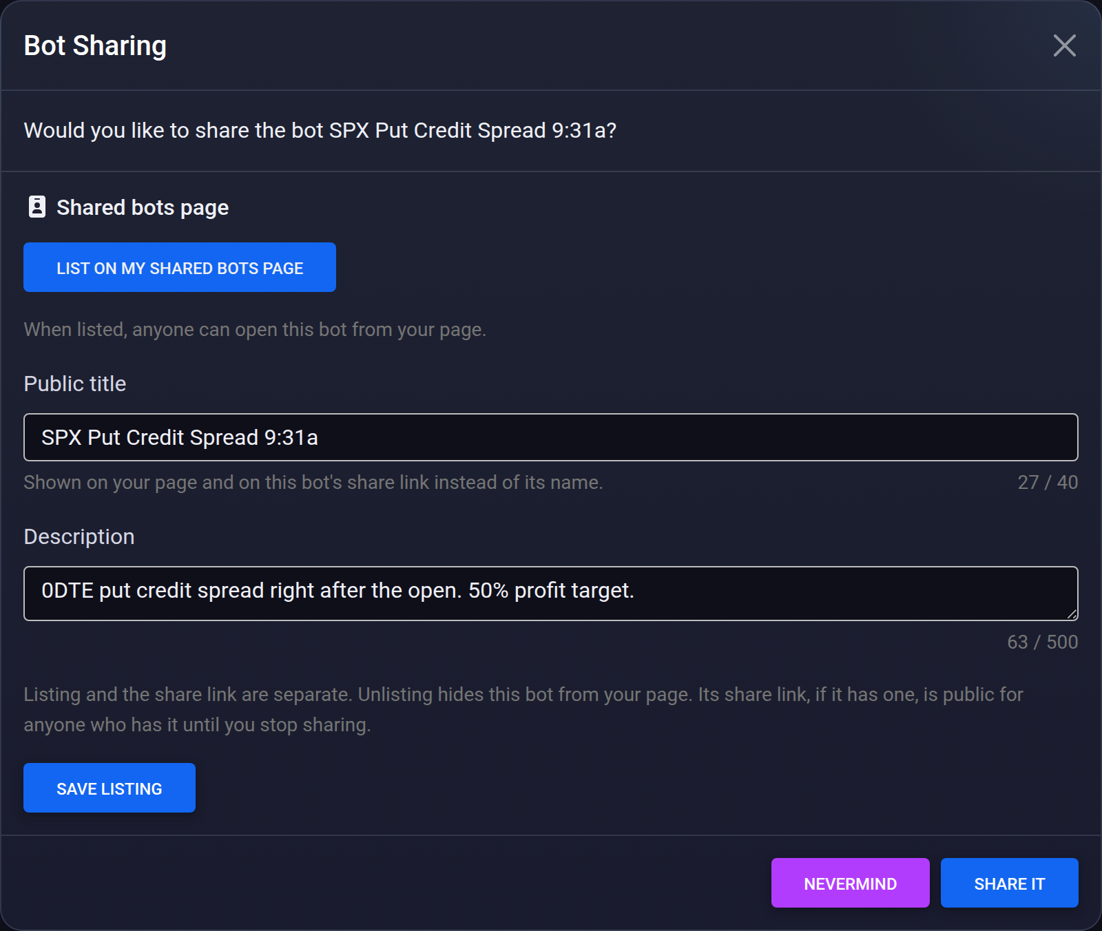 The Bot Sharing dialog with List on my shared bots page turned on, a public title, a description, and a Save Listing button